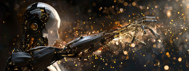 A gleaming, golden android bursts forth from the darkness, its every movement sparkling with technological brilliance.