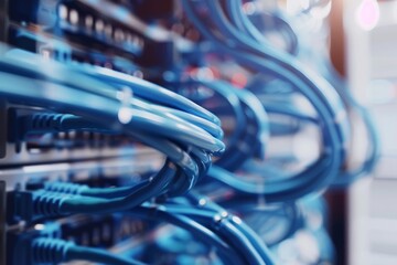 Close-up of network cables connected to a server, showcasing the complexity and organization of digital infrastructure in a high-tech environment.