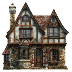 Charming cottage with rustic stone and wood details, featuring a quaint design nestled in a serene environment.