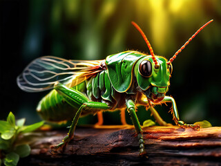 Vibrant green grasshopper perched on a weathered branch.