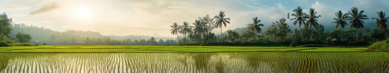 Fototapeta premium Lush Green Lombok: Idyllic Rice Fields and Coconut Trees in Indonesia's Scenic Landscape, Embracing the Essence of Agricultural Harmony