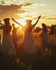 Women dancing in a field at sunset during Lammas festival