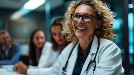 A group of doctors in a meeting room, discussing patient care plans with enthusiasm