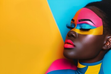 A striking portrait of a model with bold, colorful makeup and vibrant pink, blue, and yellow geometric patterns set against a two-toned background.