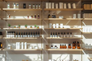 A well-organized store shelf displays a range of cosmetic and wellness products, neatly arranged with small decorative plants in a sunlit environment.