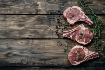 Three raw steaks seasoned with herbs and peppercorns on a rustic wooden table, ready for grilling.