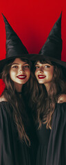Obraz premium twins witch happy women, twins smiling face cute witch fashion model, red background 