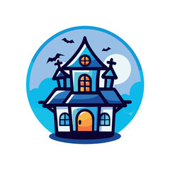 Cartoon spooky haunted house with full moon and bats  halloween illustration