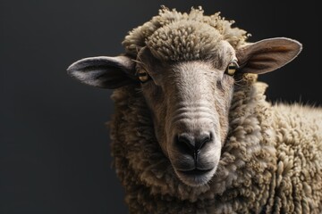 A close-up portrait of a sheep against a dark background, highlighting its textured wool and soulful eyes.