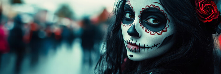 portrait of 18 year beautiful pretty young woman, sugar skull makeup, long black hair, Roses,