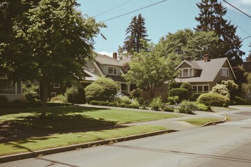 Fototapeta premium A tranquil suburban neighborhood with charming houses, lush greenery, and a clear blue sky, evoking a sense of peaceful living.