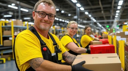 Happy warehouse workers packing boxes efficiently in a large distribution center, showcasing teamwork and productivity.