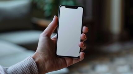 Person holding a smartphone with a blank screen indoors during daylight