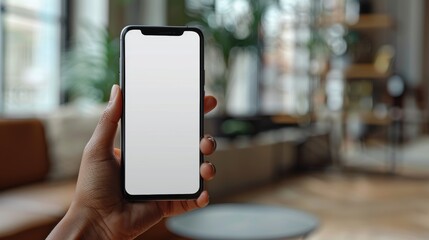 A person holds a blank smartphone in a cozy, well-lit indoor space with greenery and modern decor