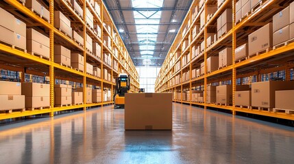 A spacious warehouse filled with stacked cardboard boxes, showcasing organized inventory and efficient storage solutions.