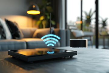 A sleek modern home interior showcasing a connected wireless router, symbolized by a glowing wi-fi icon, emphasizing smart living and advanced technology integration.