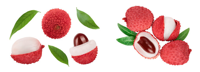 lychee fruit isolated on white background with full depth of field. Top view. Flat lay