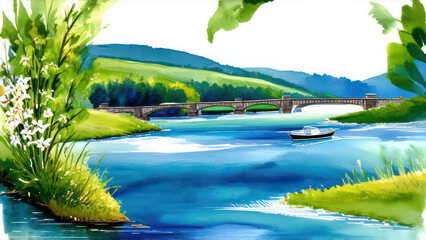 Naklejka premium Card with a flowing river theme, featuring watercolor blues and greens, riverbank floral accents and subtle boat or bridge illustrations without text 