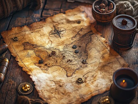 vintage-style treasure map with a marked route, hidden treasures, and cryptic symbols, evoking the thrill of pirate adventures.