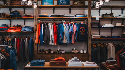 A high-end clothing store with a vibrant assortment of clothes on display  featuring elegant and casual attire