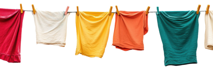 Colorful laundry hanging on a clothesline, cut out - stock png.