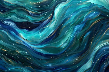 An abstract representation of the ocean, waves in swirling shades of teal, turquoise, and navy, with sparkling highlights. Dynamic movement and a sense of endless depth.