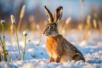 Hare in winter in the snow in a field among dry grass on a sunny day
