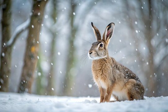 A hare sits in the forest on a meadow during snowfall