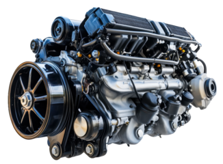 High-performance car engine, showcasing intricate design and engineering, cut out - stock png.