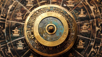 Fototapeta premium An intricately detailed golden compass or astrolabe with zodiac symbols and ornate designs, likely used for astrology or navigation in ancient times