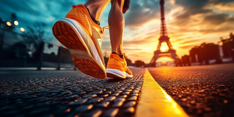 running shoes of an athlete whos running towards the Eiffel tower of Paris at sunset