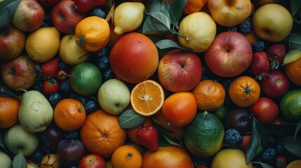 Vibrant assortment of various fruits, including apples, oranges, pears, plums, and strawberries, with a mix of colors and textures