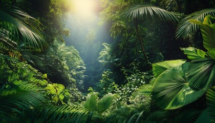 Lush tropical jungle with green foliage and sunlight filtering through, creating an exotic paradise."