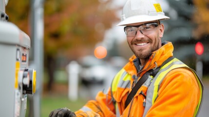 Smiling Technician Performing Maintenance on Gas Meters in Outdoor Setting