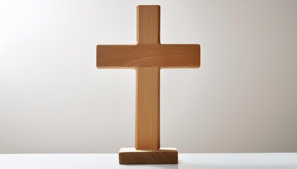 simple wooden cross standing upright on a plain white surface with a soft neutral background the minimalistic design emphasizes the natural texture and grain of the wood