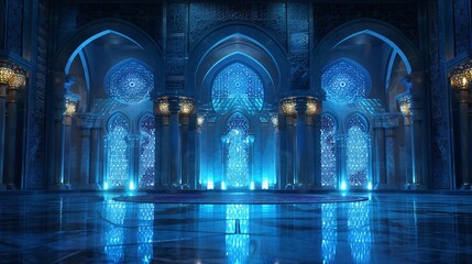 ornate hallway with marble floor and blue columns