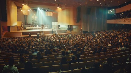 A large audience fills a grand theater, attentively watching a live performance on a well-lit stage surrounded by elegant decor.