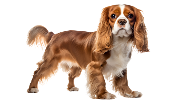 cavalier king charles spaniel standing and looking, side view, studio shot