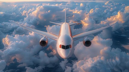 Aerial view of a commercial airplane flying above fluffy clouds during sunset in a clear sky