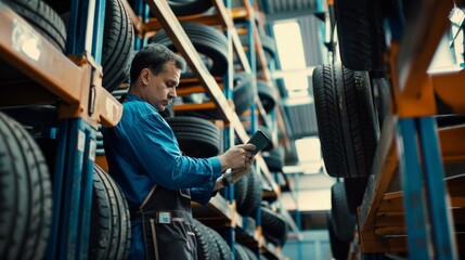 A mechanic uses a tablet to check inventory in a tire shop, surrounded by neatly stacked tires on metal shelves.