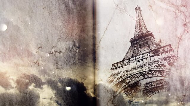 Eiffel Tower in Paris smoothly appears on old, grunge paper with time lapse of sky with clouds. Creative, combined 3D 4K parallax video of high quality. Template for a postcard or historical video.
