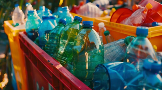 Plastic bottles of various shapes and colors neatly arranged in yellow and red crates under warm sunlight, promoting a sustainable environment.