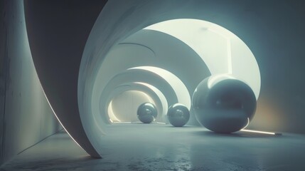 A dynamic, futuristic hallway with sleek white curves and large metallic spheres illuminated by soft ambient lighting creates an ethereal, otherworldly atmosphere.