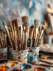 Fototapeta premium Paintbrushes in a colorful artist's workshop
