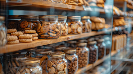 Jars of cookies and biscuits on wooden shelves in a bakery
