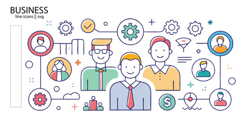 Business line icons. Team, business people, human resources, collaboration, research, meeting, partnership, support, businessman. Editable stroke. Vector illustration