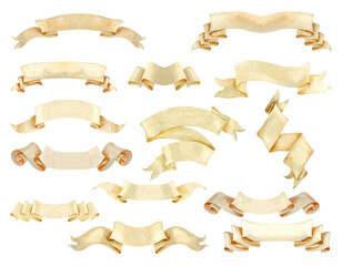 Set of paper beige ribbon banner elements for medium length texts or logo. Watercolor illustration of a vintage scroll, manuscript. Rolled paper banner templates in pastel beige and brown colors