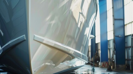 Obraz premium The polished hull of a boat in a shipyard, reflecting industrial overhead lights, suggests meticulous craftsmanship and marine engineering excellence.