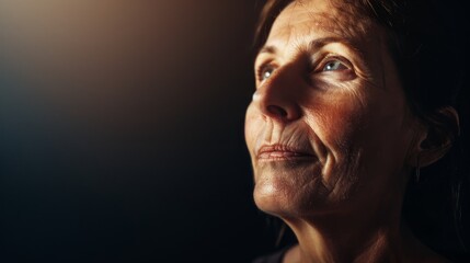 Obraz premium An elderly woman gazes upward with a serene expression, her face illuminated by soft, warm light, evoking feelings of wisdom and peace.