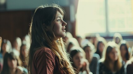 A woman speaking passionately to a captivated audience in a sunlit room, highlighting an inspiring and engaging atmosphere.
